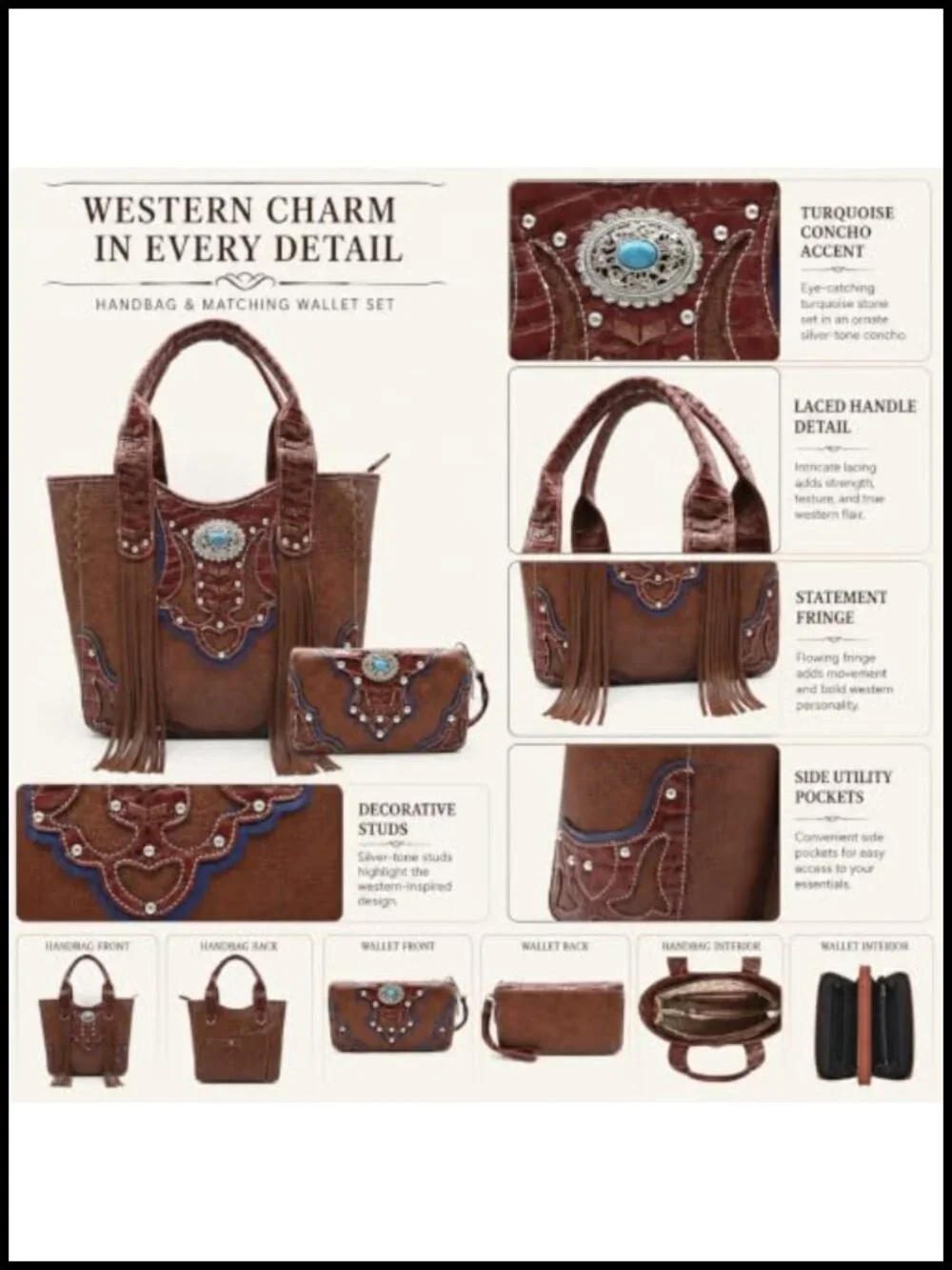 Western Fringe Totes Purse and Wallet Set for Women | Turquoise Concho, Stud